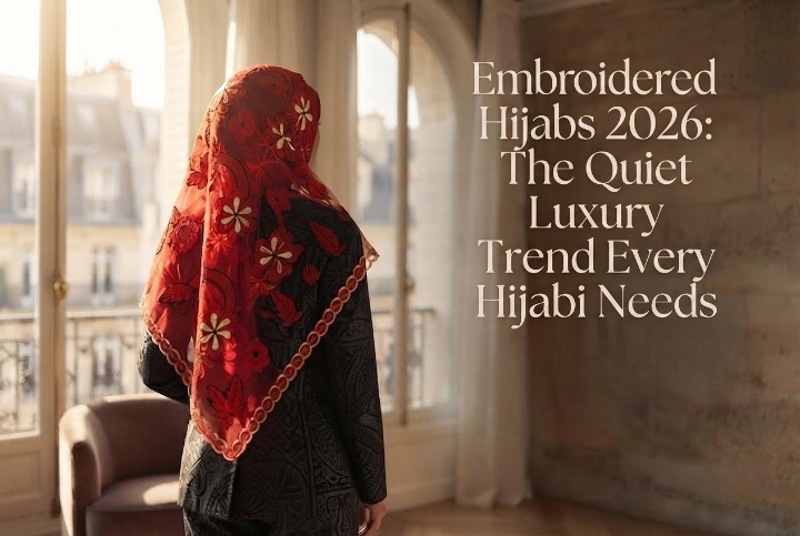 Close-up of a hand pinning a luxury tonal embroidered chiffon hijab with soft natural lighting, highlighting elegant embroidery and premium craftsmanship in a neutral editorial setting.