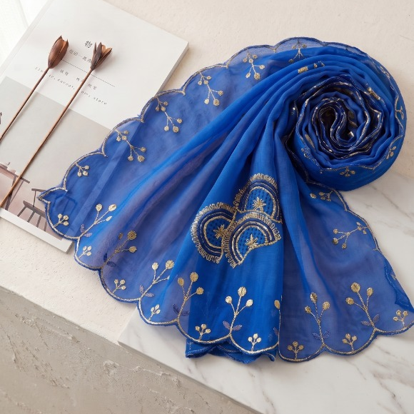 Azure Gold Celestial Motif Embroidered Chiffon Scarf — Khan Scarves Main image