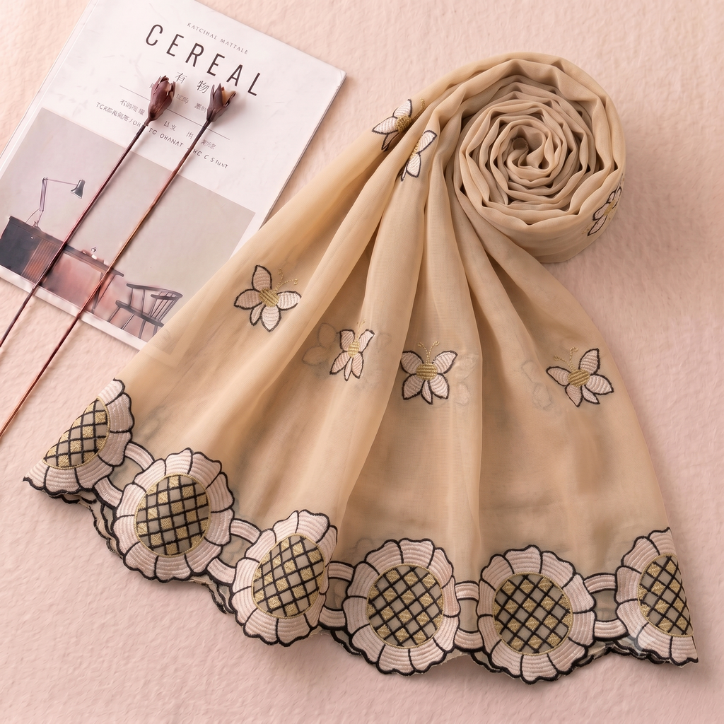 Beige scarf with floral embroidery