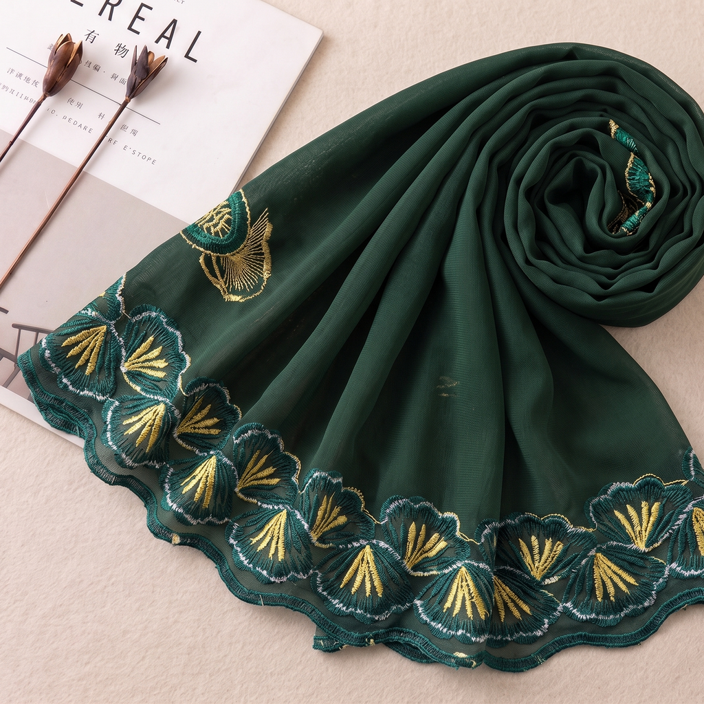 Premium Chiffon Embroidered Dupatta - Forest Green