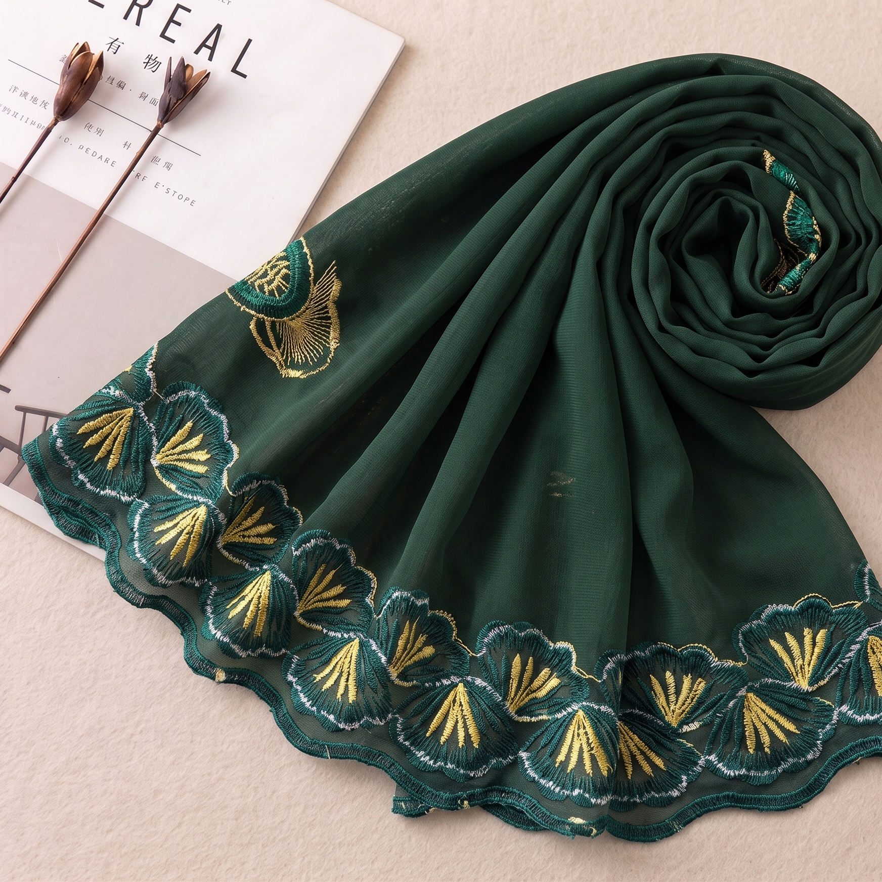 Premium Chiffon Embroidered Dupatta - Forest Green