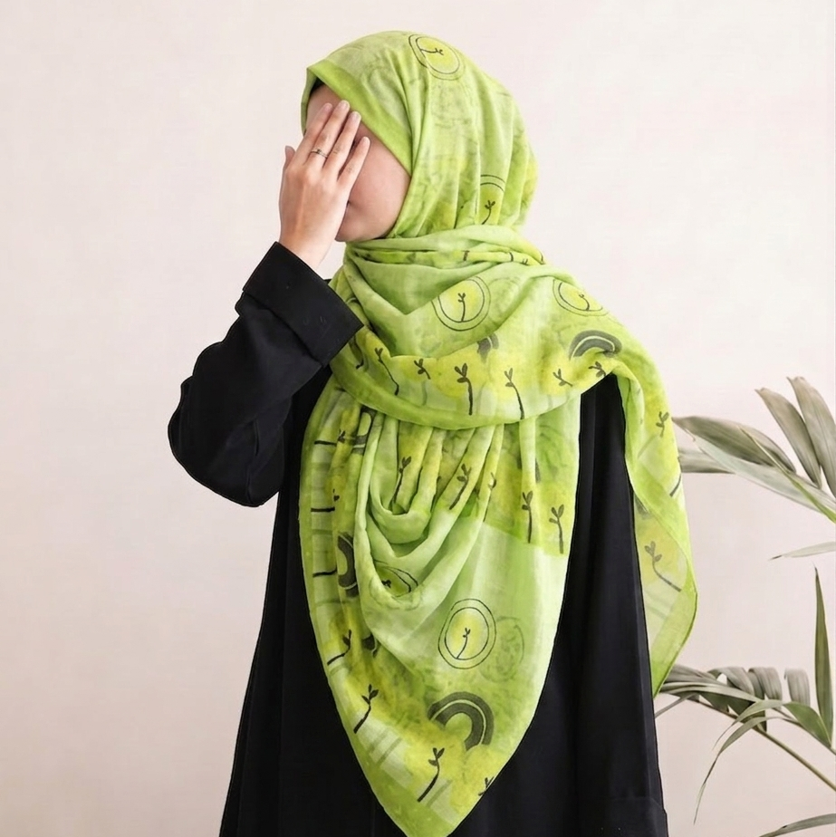A woman wearing a bright lime green hijab with a black crescent moon and star pattern, paired with a black abaya, posing against a light beige wall with a plant in the background.