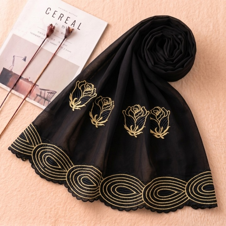 The Midnight & Moonlight Rose Embroidered Chiffon Scarf | Khan Scarves