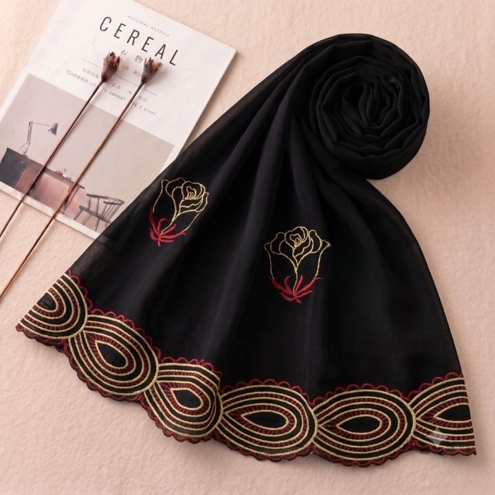 The Midnight & Moonlight Rose Embroidered Chiffon Scarf | Khan Scarves