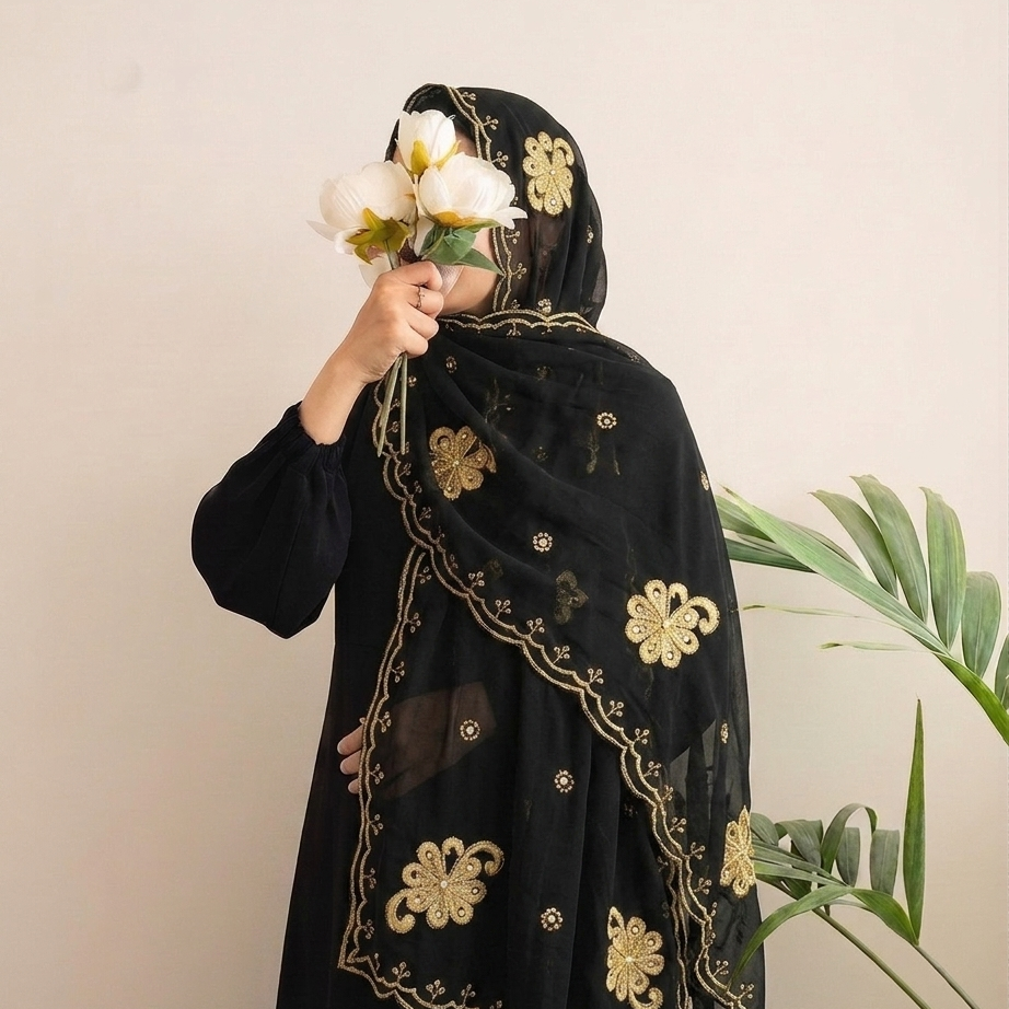Dupatta en mousseline Midnight Noir Or Opulence Florale | Khan Scarves