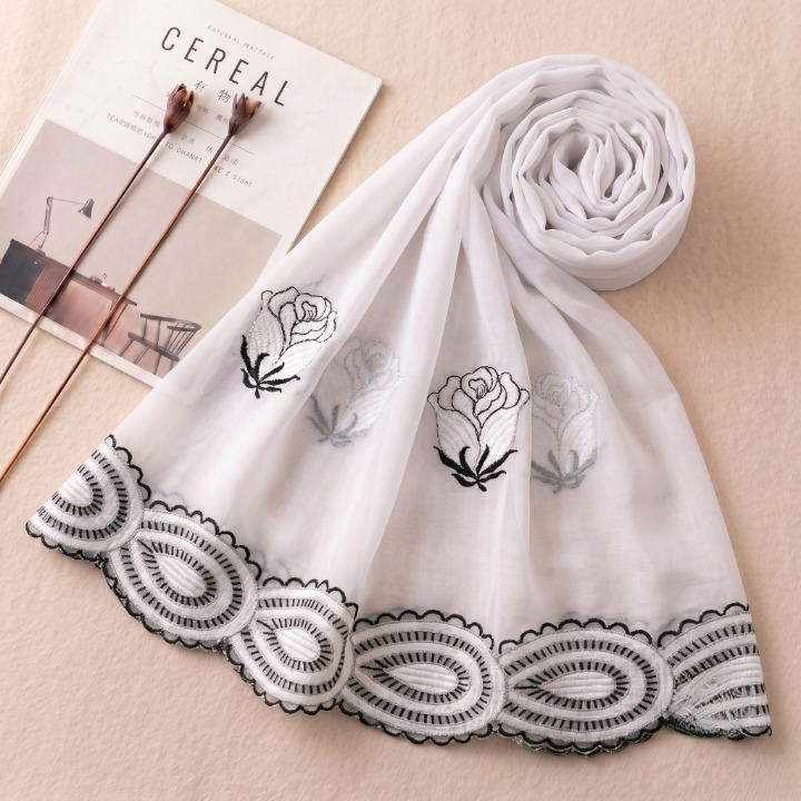 The Midnight & Moonlight Rose Embroidered Chiffon Scarf | Khan Scarves Main image