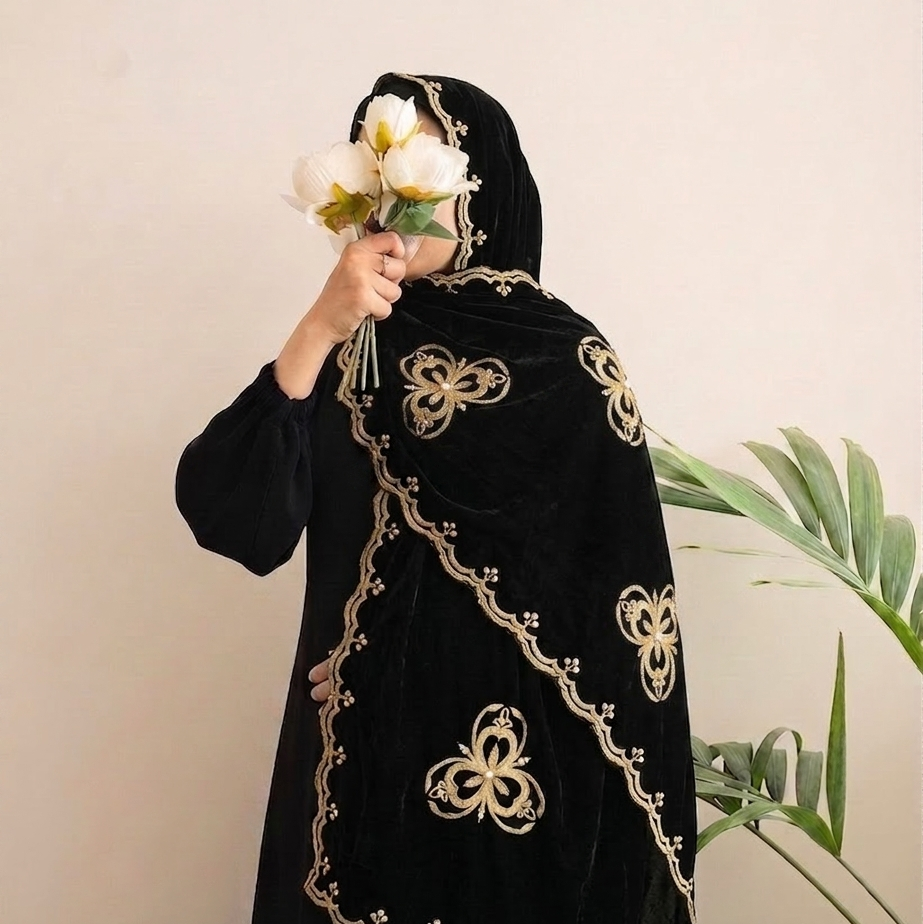 A person wearing a black abaya and matching hijab with ornate gold floral embroidery, holding a bouquet of white flowers against a plain beige wall with a green plant visible on the right. Image principale du produit