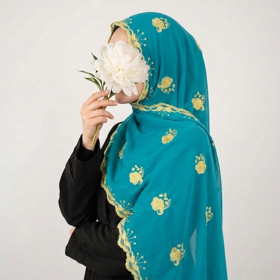 A woman wearing a teal hijab with gold floral embroidery and gold embroidered borders, holding a large white flower in front of her face. She is wearing a black dress against a plain light gray background. Image principale du produit