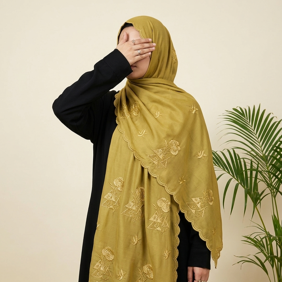 A woman wearing a black abaya and a mustard yellow embroidered hijab, standing against a beige wall with potted plants on either side.