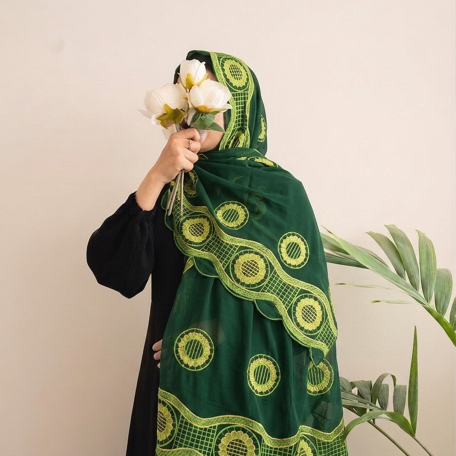 A woman wearing a black outfit and a dark green embroidered hijab with yellow-green circular patterns and scalloped borders, holding white flowers against a light beige wall with a green plant in the background. Image principale du produit