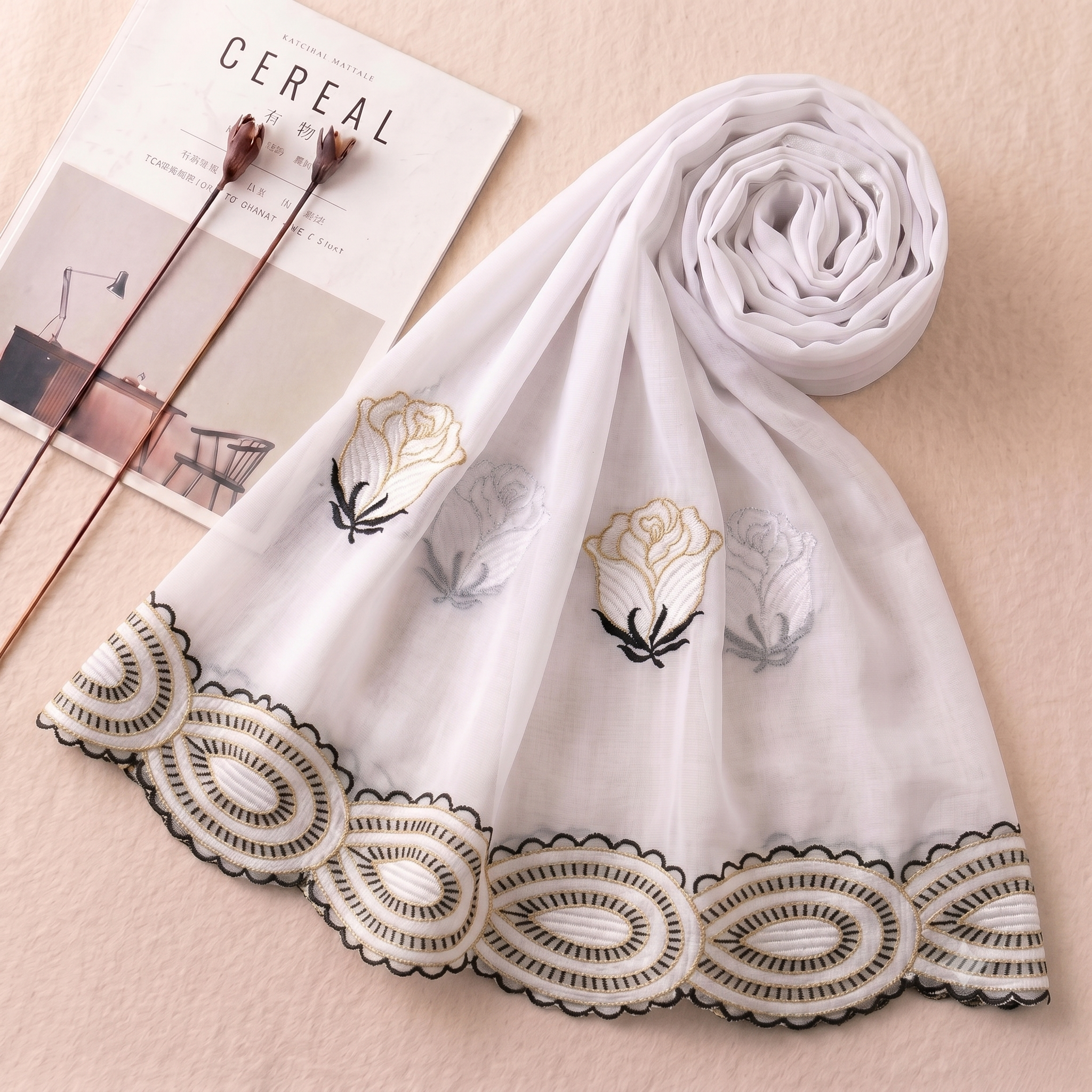The Midnight & Moonlight Rose Embroidered Chiffon Scarf | Khan Scarves