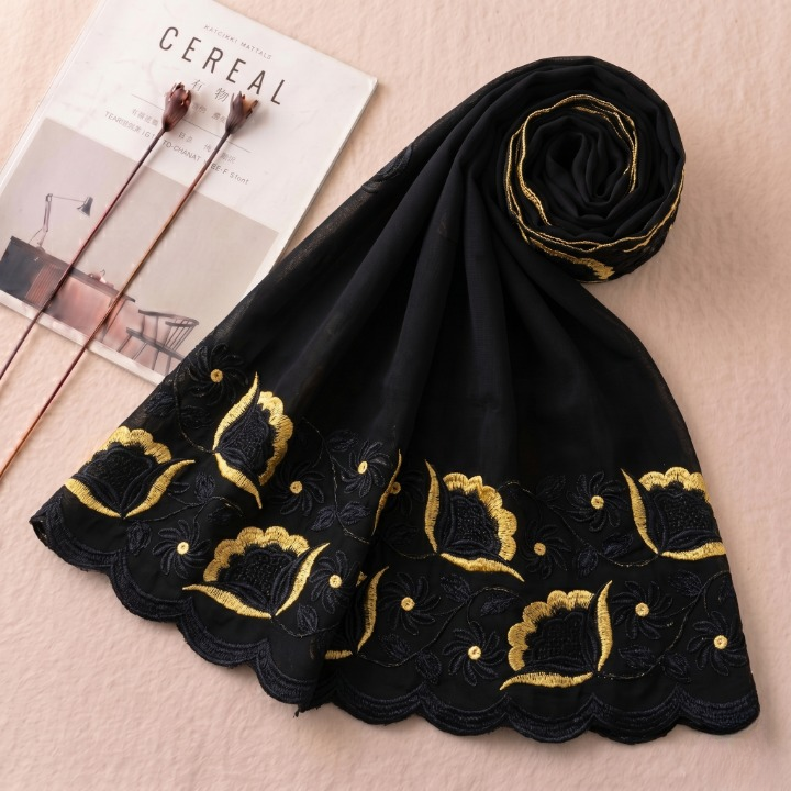 Swiss Voile Lace Fabric Dupatta | Midnight Gold Blossom Main image