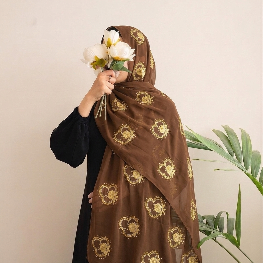 A woman wearing a brown hijab with gold floral patterns and a black dress, holding a bouquet of white flowers against a light beige wall with a green plant in the background.