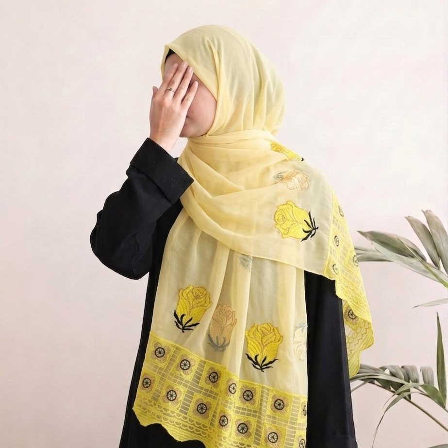 A woman wearing a pale yellow hijab with embroidered yellow rose motifs and a scalloped patterned border, paired with a black abaya, standing against a light beige wall with a plant in the background.