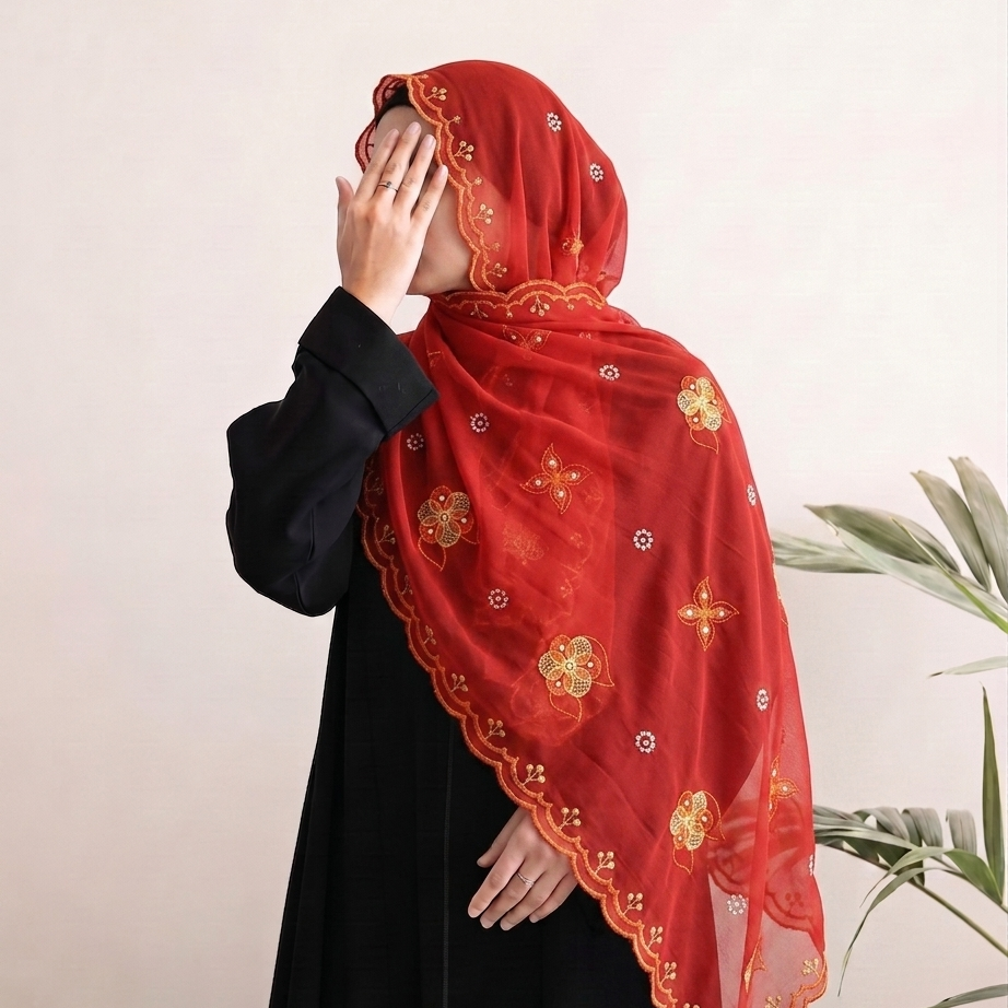 A woman wearing a black abaya and a bright red embroidered hijab with gold floral patterns and scalloped edges, standing against a light beige wall with green leaves at the side. Image principale du produit
