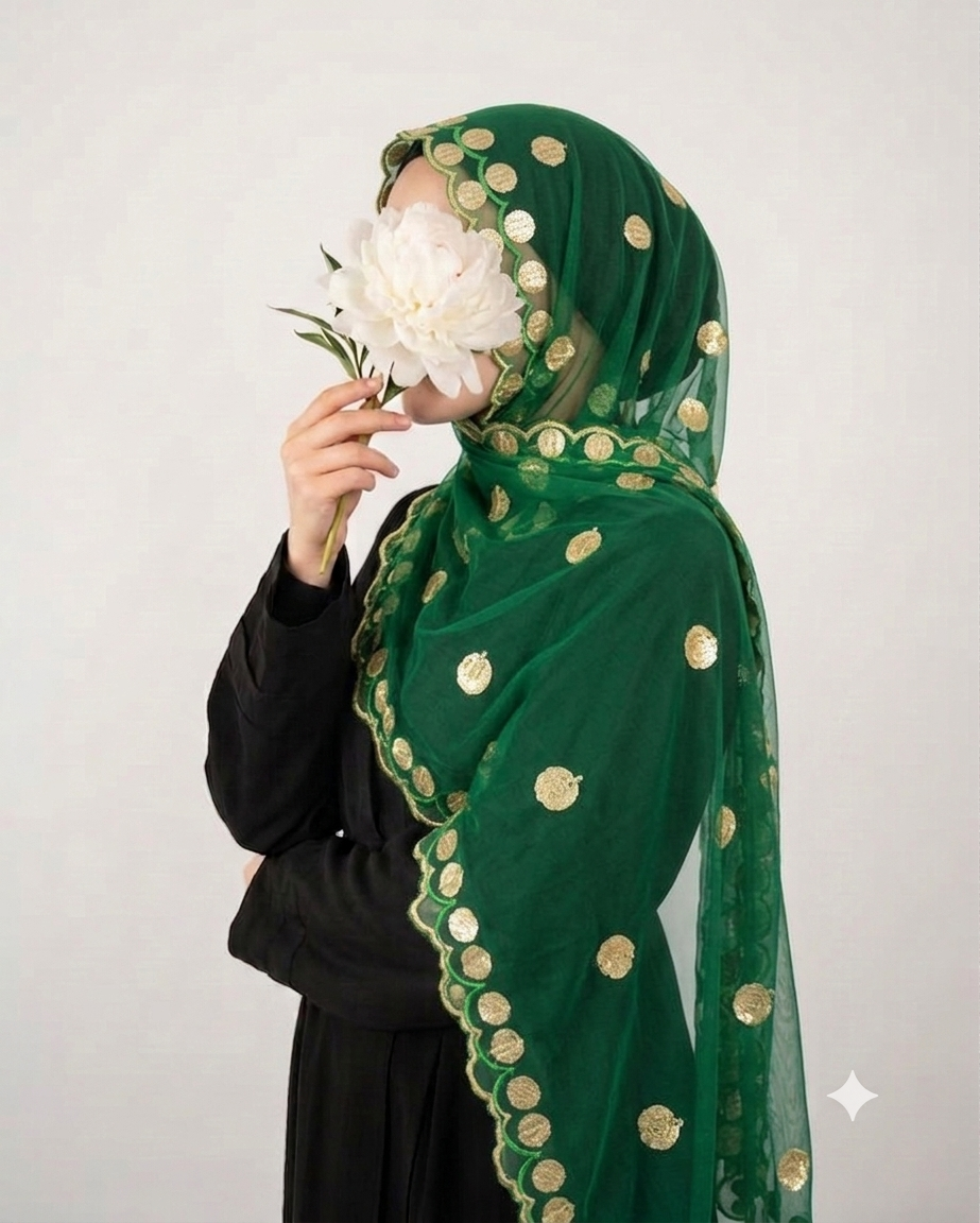 A woman wearing a dark green sheer hijab with gold coin embroidery and a scalloped border, paired with a black abaya, holding a large white flower in front of her face against a light gray background.