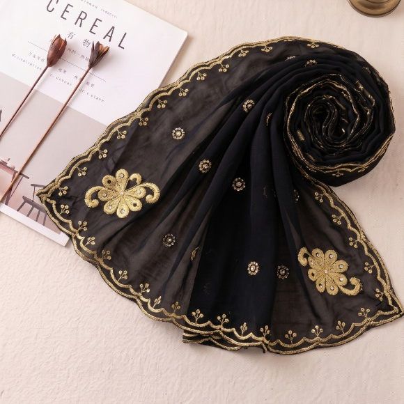 Midnight Noir Gold Floral Embroidered Chiffon Scarf — Khan Scarves