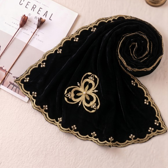 Midnight Velvet Golden Heirloom embroidered chiffon scarf by Khan Scarves Main image