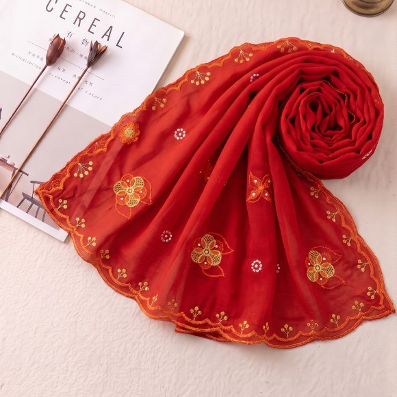 Scarlet Gold Floral Whimsy embroidered chiffon scarf by Khan Scarves Main image