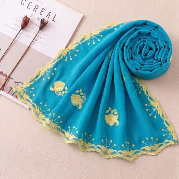 Premium embroidered chiffon hijab in turquoise and lemon tones