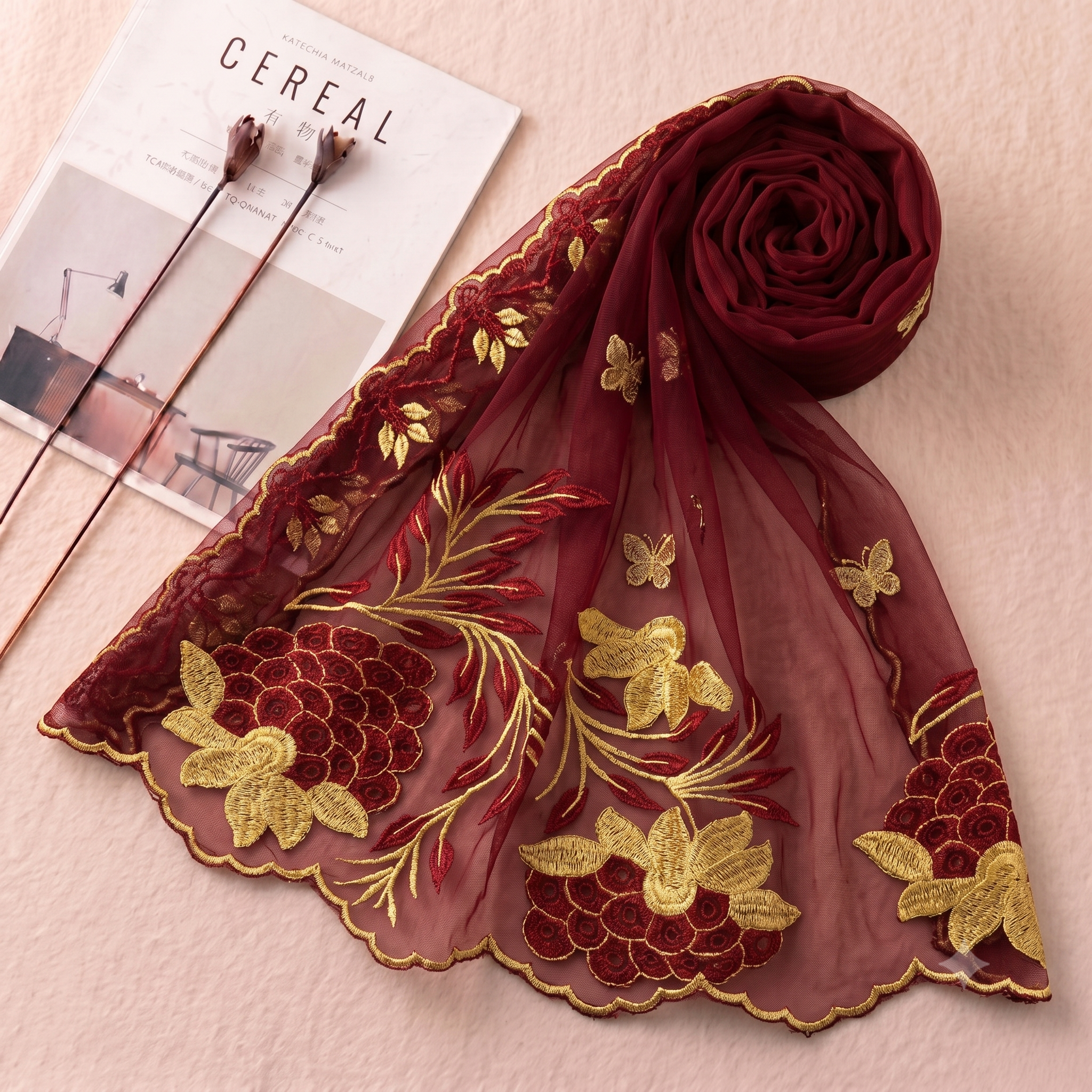Royal Burgundy Heritage swiss voile lace fabric with gold embroidery  Main image